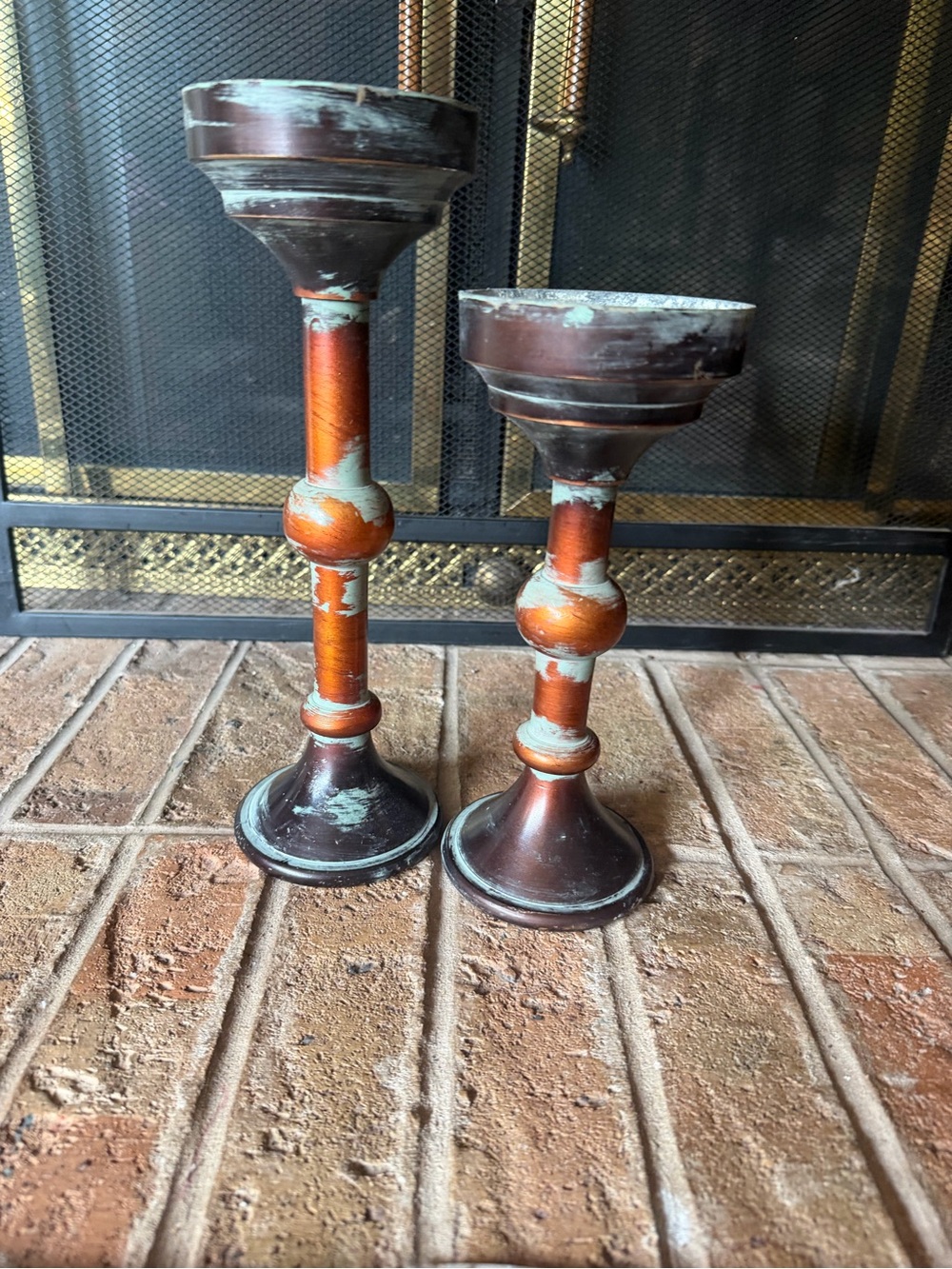 Rustic Distressed Brown & Turquoise Candle Holders - Home Accents